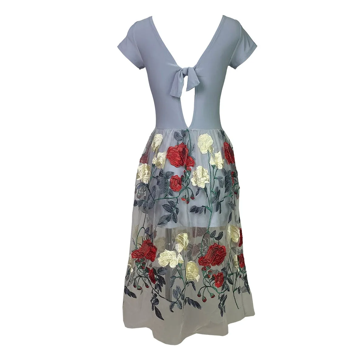 Just Got Lucky Ribbon Back Dress with Tulle Embroider Roses Tulle