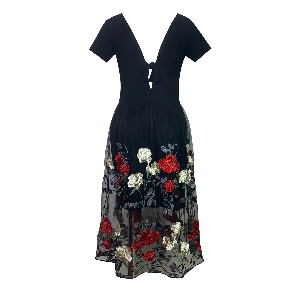 Just Got Lucky Ribbon Back Dress with Tulle Embroider Roses Tulle