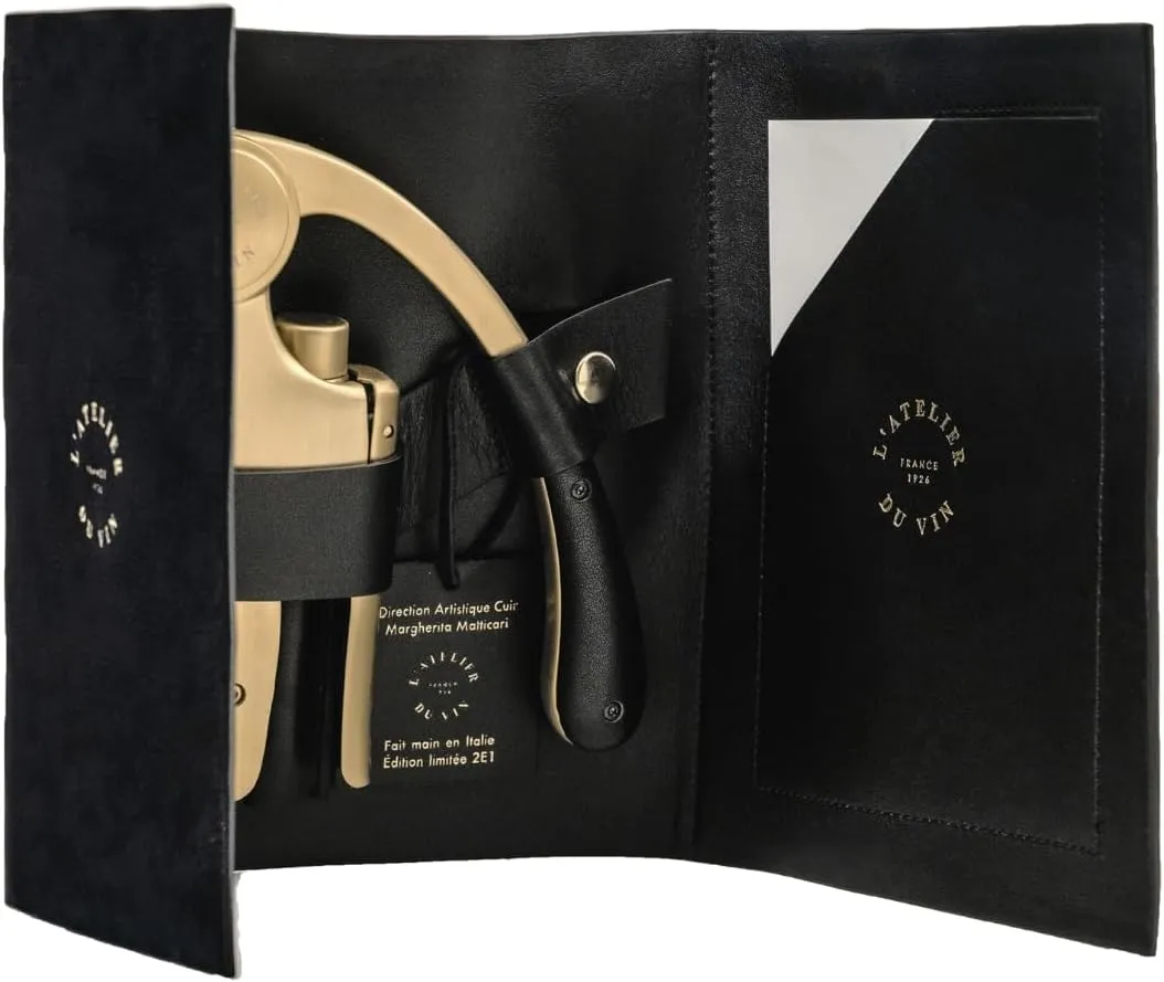 L'atelier Du Vin Oeno Motion Gold Nomad Lever Corkscrew Gift Set - Luxury Sommelier Wine Bottle Opener with Premium Black Leather Case for Wine Tasting Accessories Emblematic Wine Key Made In France