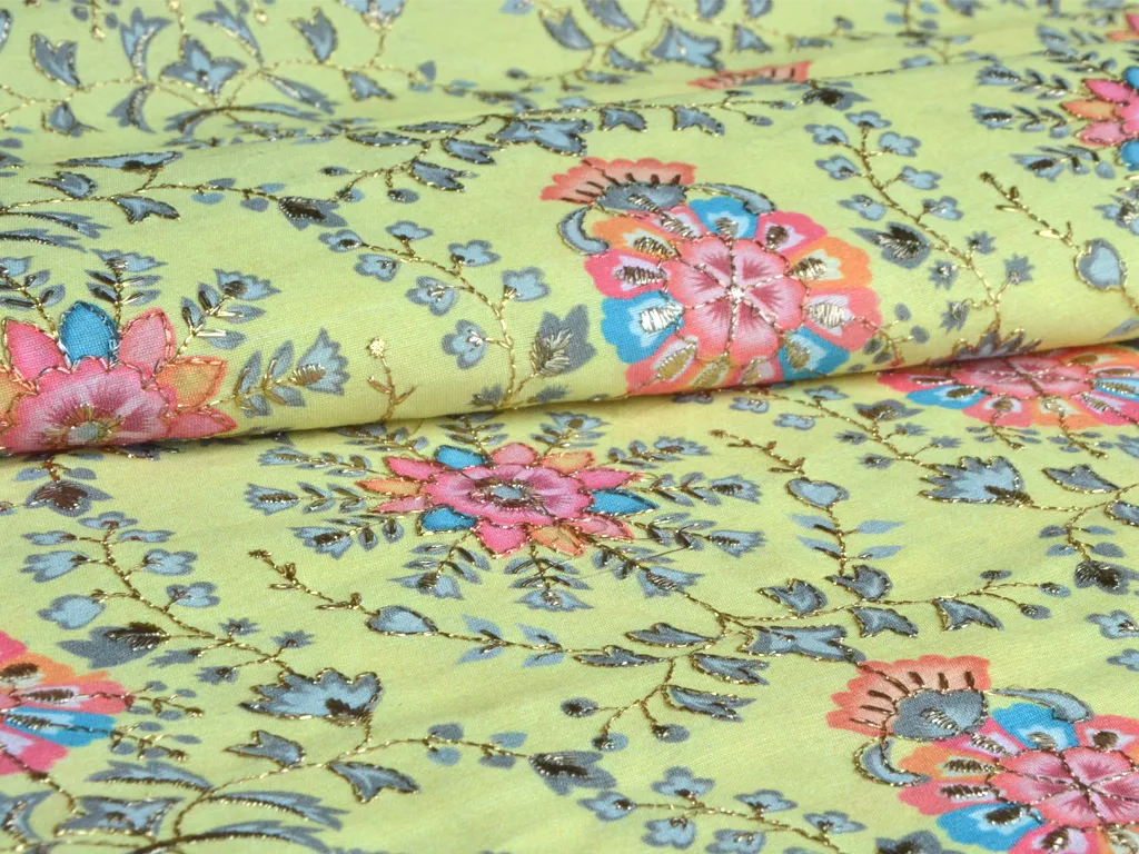 Lemon Yellow Traditional Digital Print Heavy Zari Embroidered Mulberry Silk Fabric