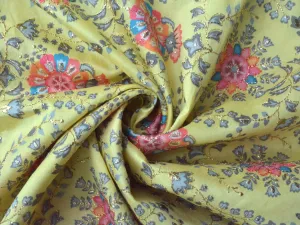 Lemon Yellow Traditional Digital Print Heavy Zari Embroidered Mulberry Silk Fabric