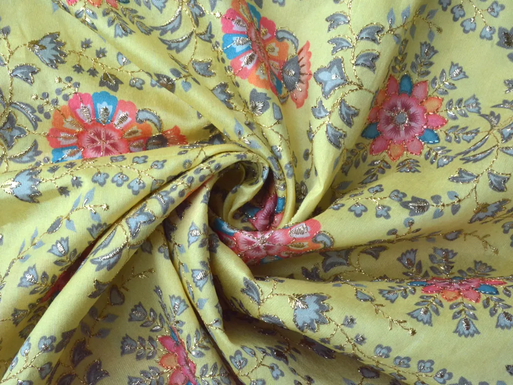 Lemon Yellow Traditional Digital Print Heavy Zari Embroidered Mulberry Silk Fabric