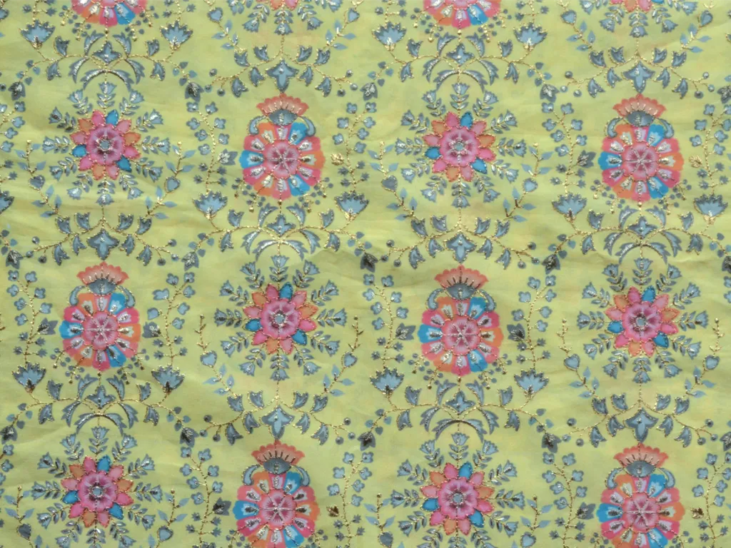 Lemon Yellow Traditional Digital Print Heavy Zari Embroidered Mulberry Silk Fabric