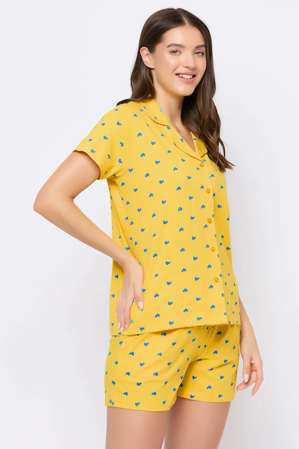 Light Yellow Cotton Printed Button Down Shirt & Shorts Set