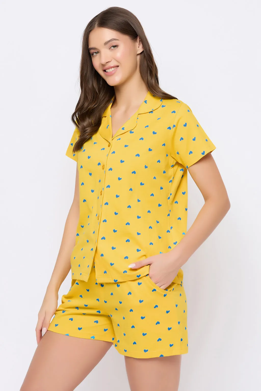 Light Yellow Cotton Printed Button Down Shirt & Shorts Set