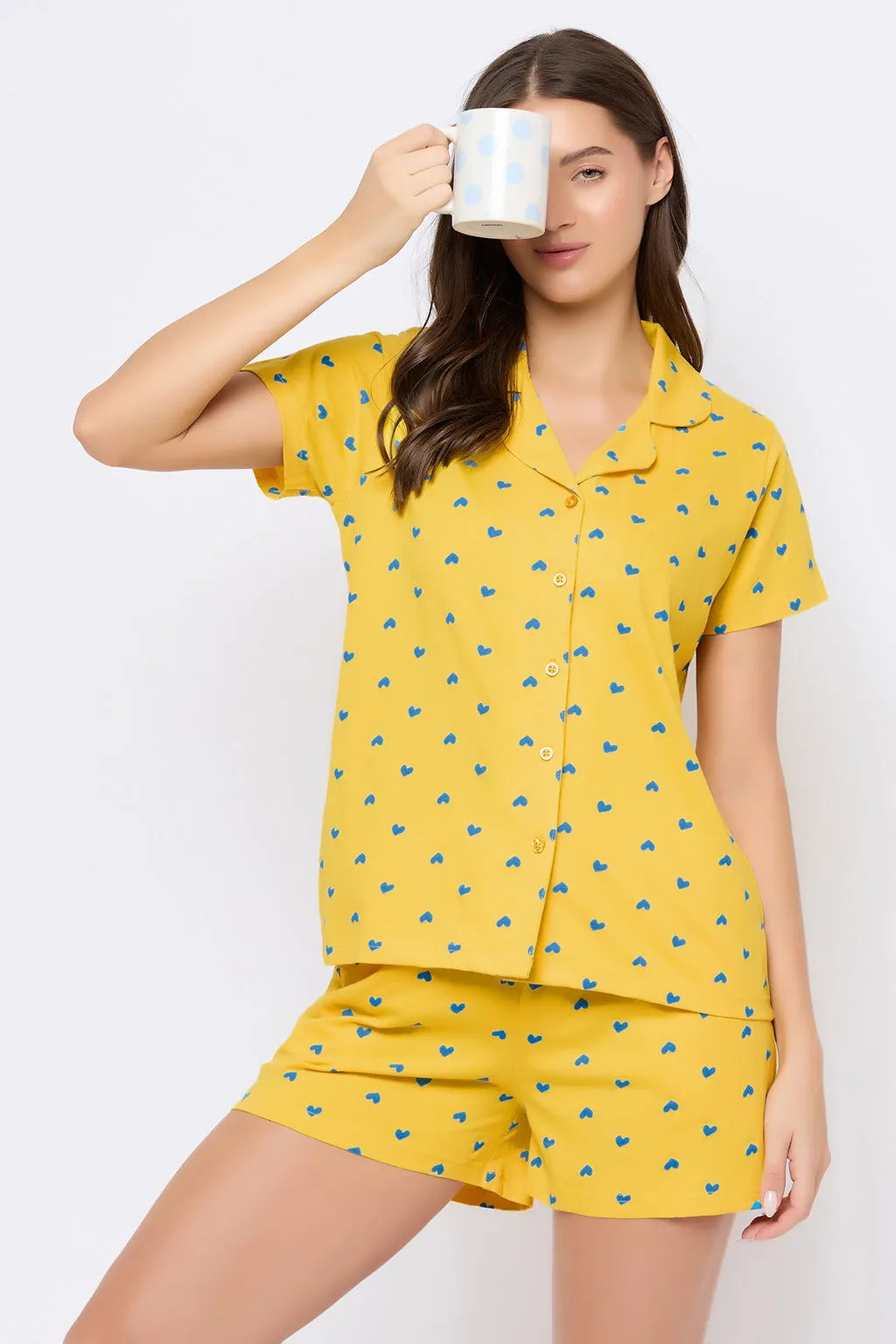 Light Yellow Cotton Printed Button Down Shirt & Shorts Set