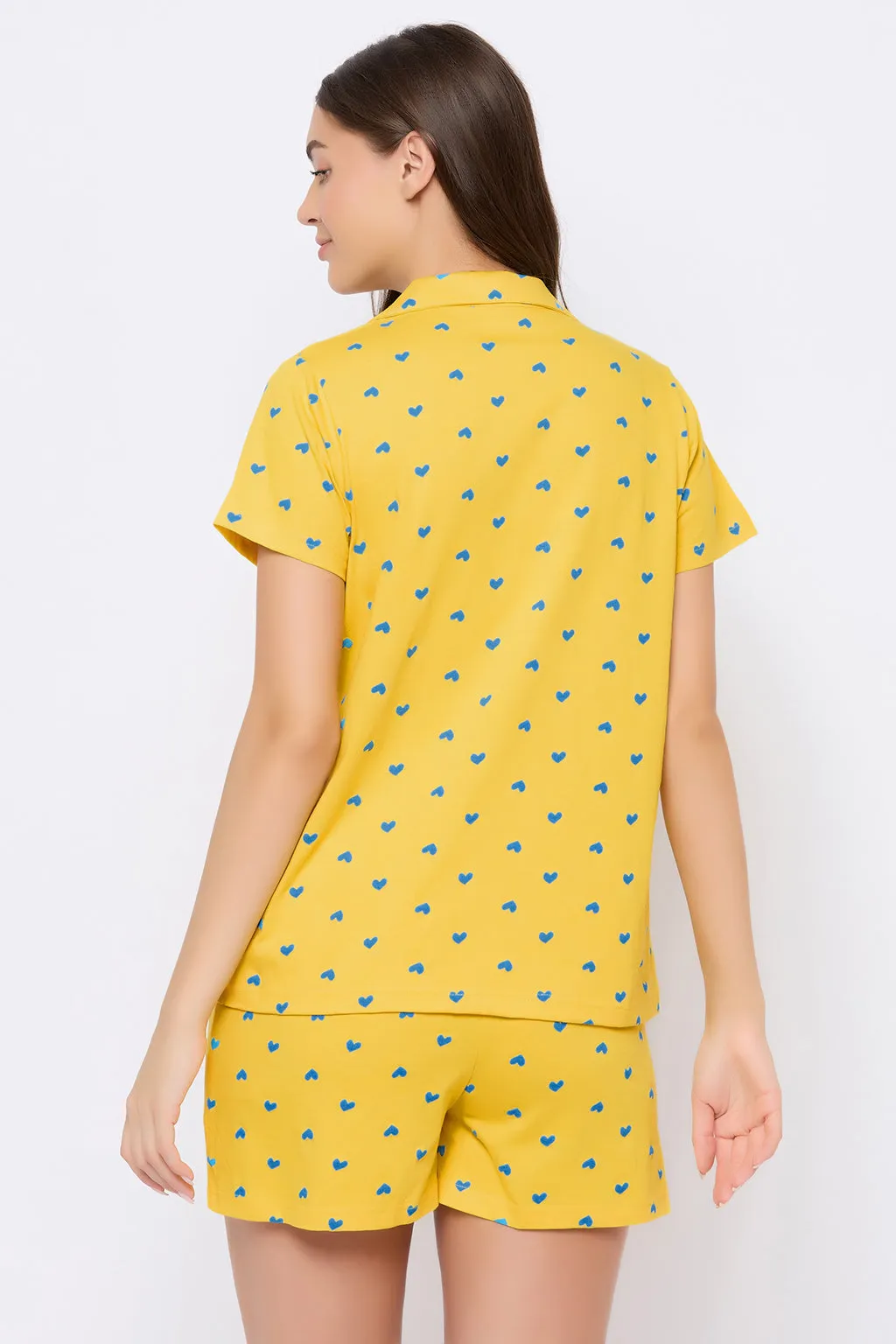 Light Yellow Cotton Printed Button Down Shirt & Shorts Set