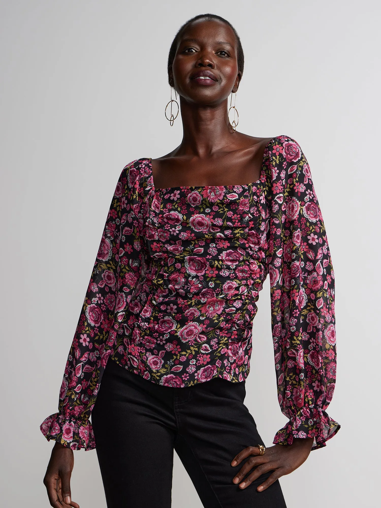 Long Sleeve Square Neck Floral Top