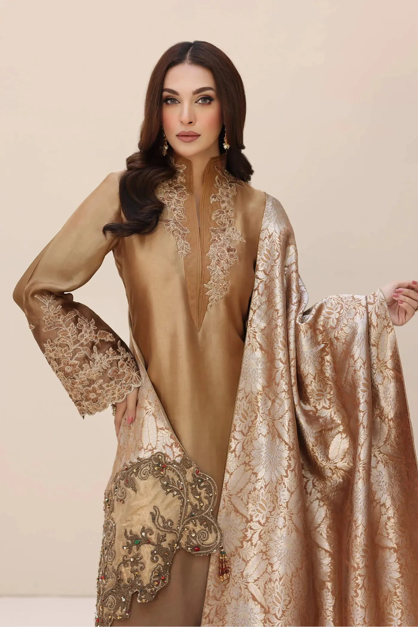 Luxury Bronze Shade Embroidered Pakistani Salwar Kameez Dupatta Suit