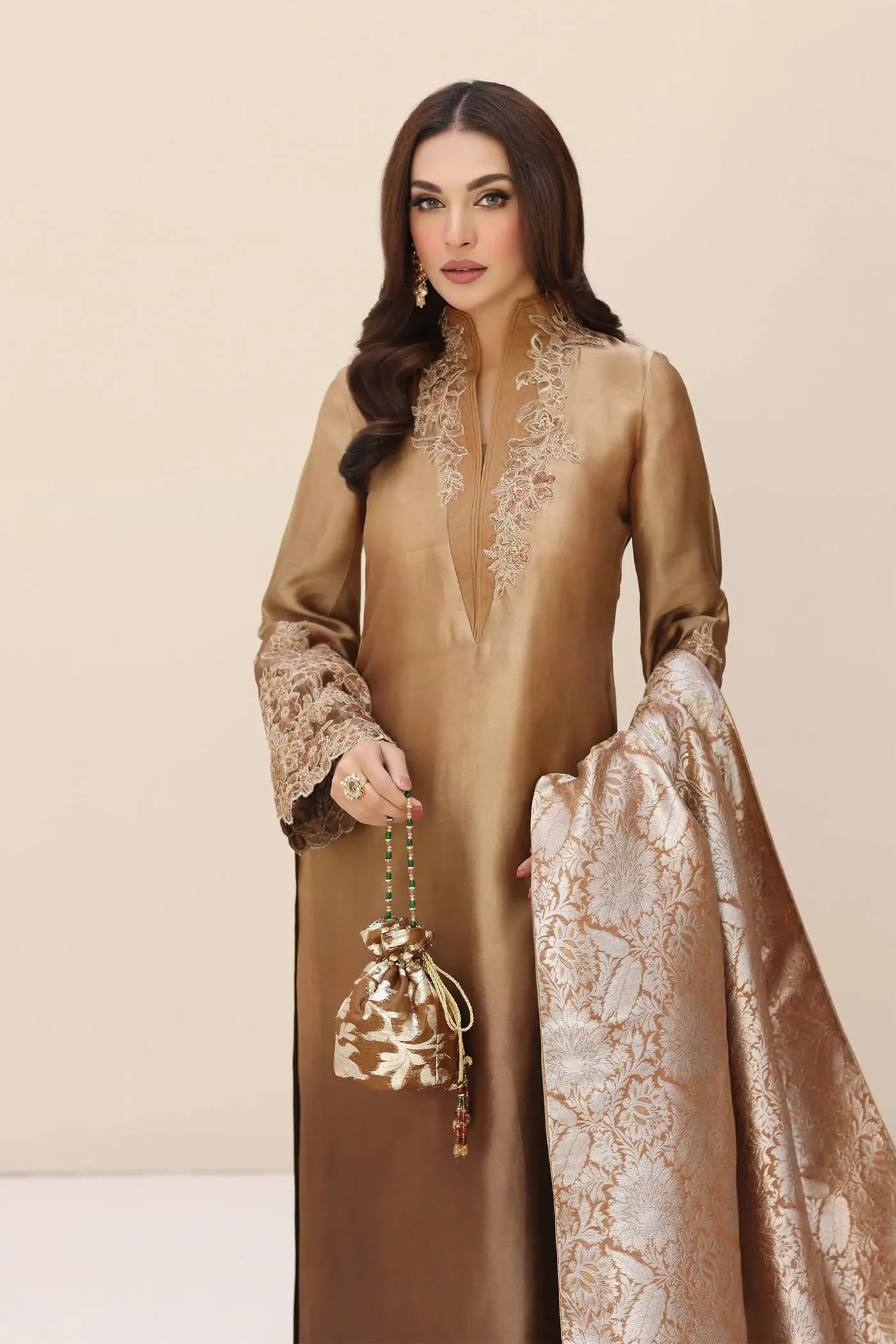 Luxury Bronze Shade Embroidered Pakistani Salwar Kameez Dupatta Suit