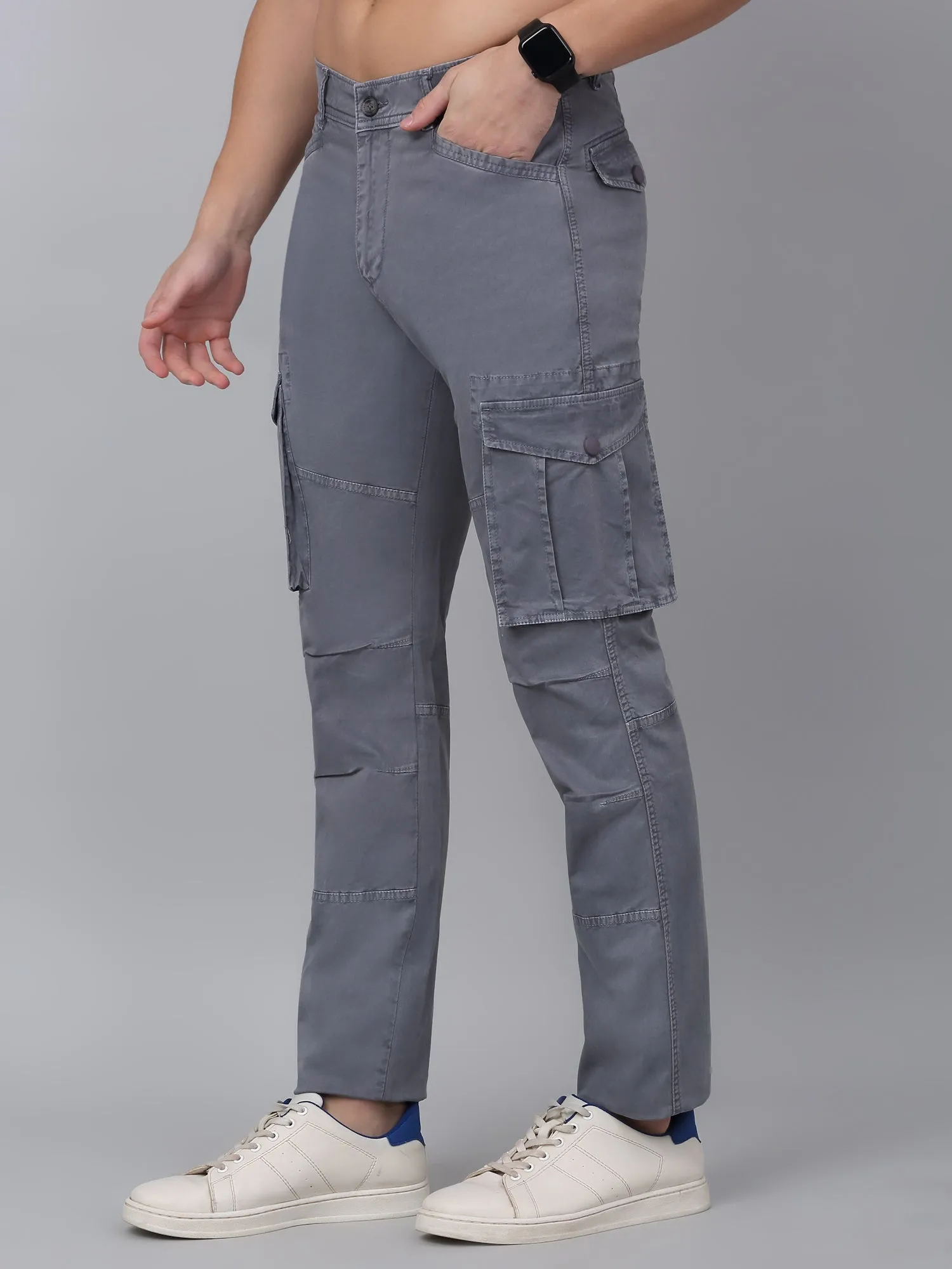 Men's Grey Solid Full Length Stretchable Cargo