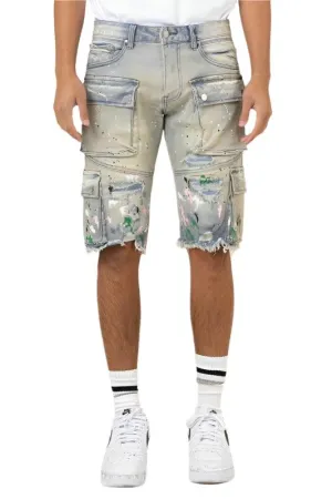 Mens Hand Painted Multi Cargo Denim Shorts