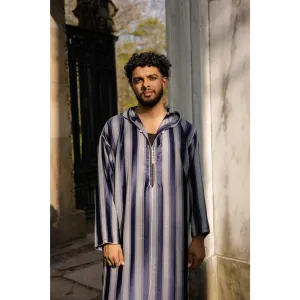 Moroccan Striped Hoodie Thobe (Indigo and Grey)