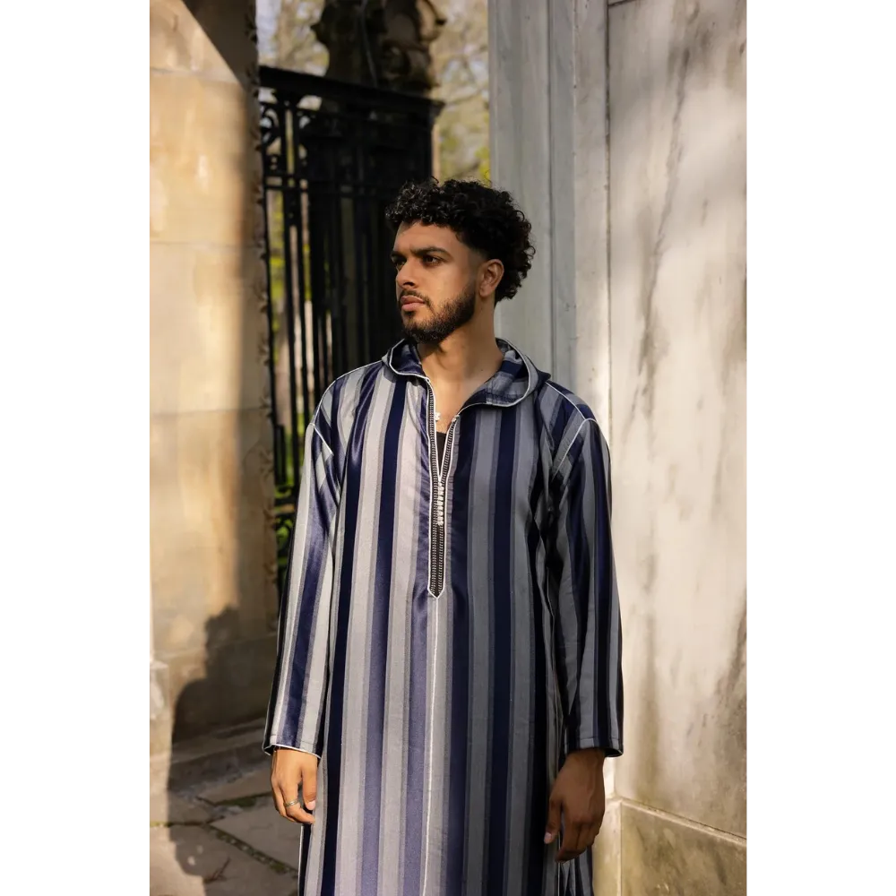 Moroccan Striped Hoodie Thobe (Indigo and Grey)