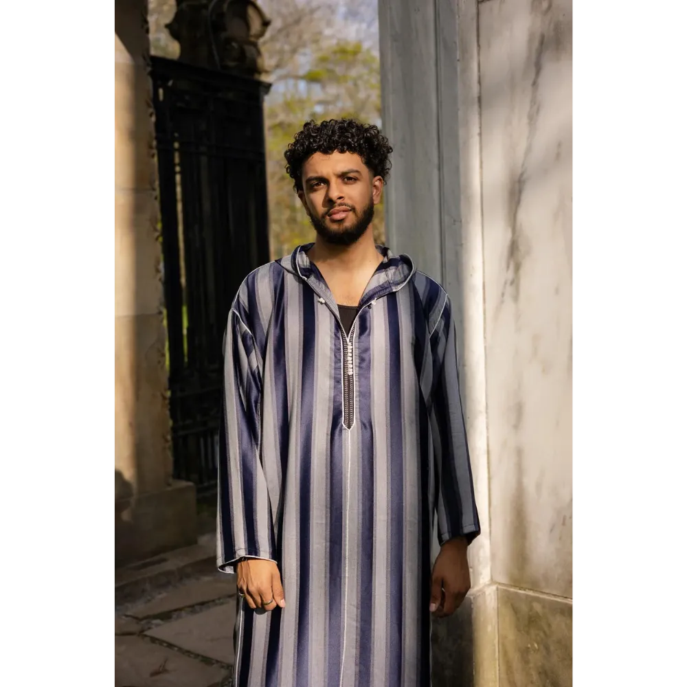 Moroccan Striped Hoodie Thobe (Indigo and Grey)
