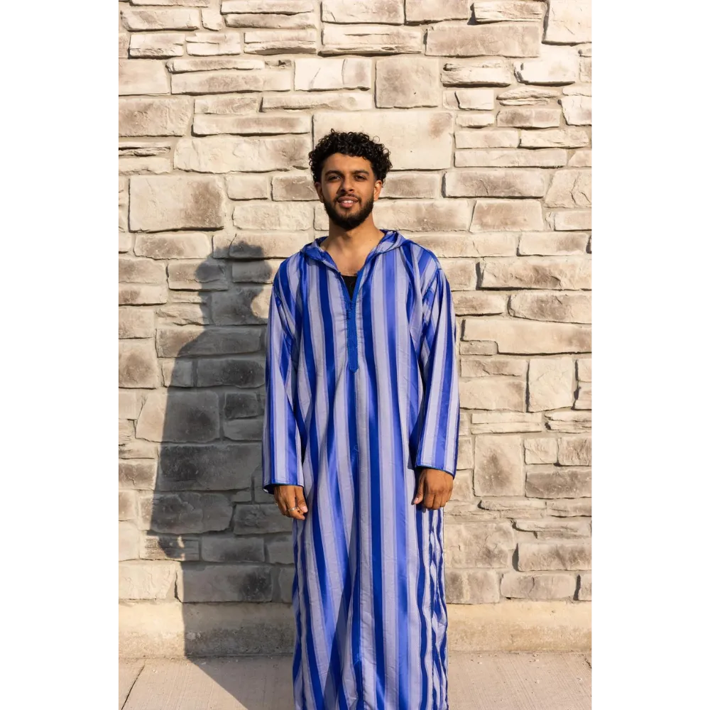Moroccan Striped Hoodie Thobe (Sapphire Mist with Blue Embroidery)