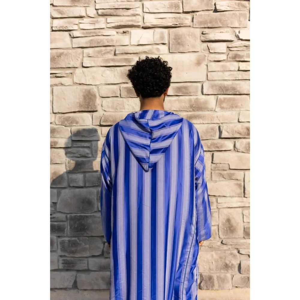 Moroccan Striped Hoodie Thobe (Sapphire Mist with Blue Embroidery)