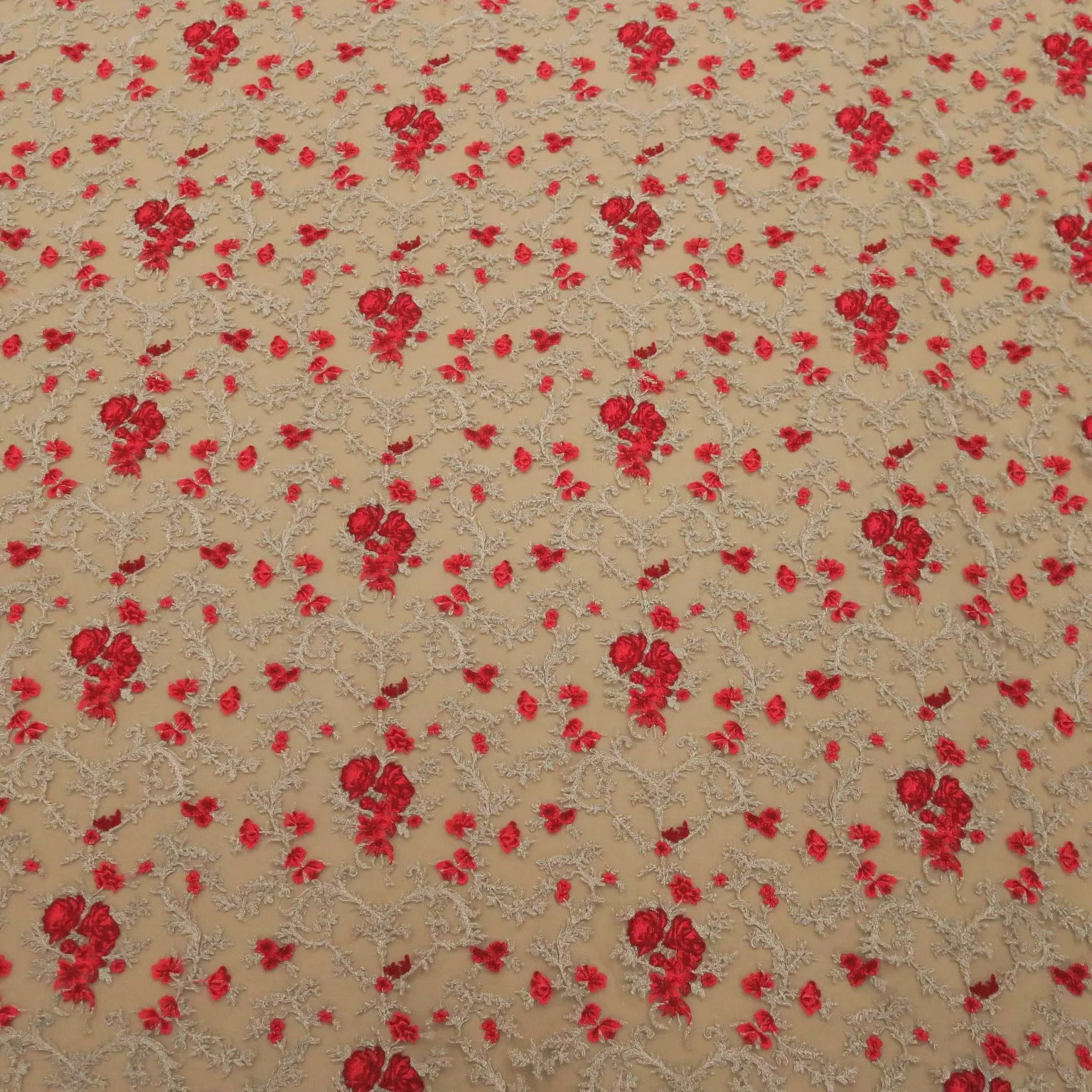 Nude Tulle with Silver and Red Floral Embroidery Fabric