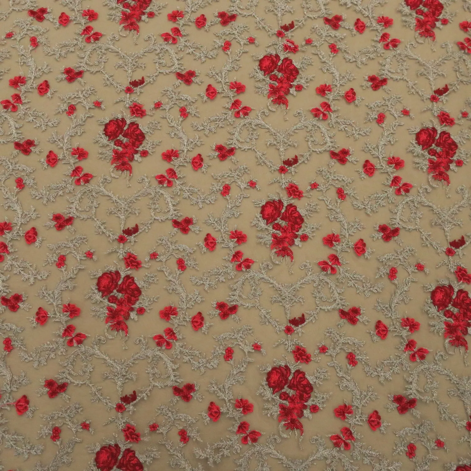 Nude Tulle with Silver and Red Floral Embroidery Fabric