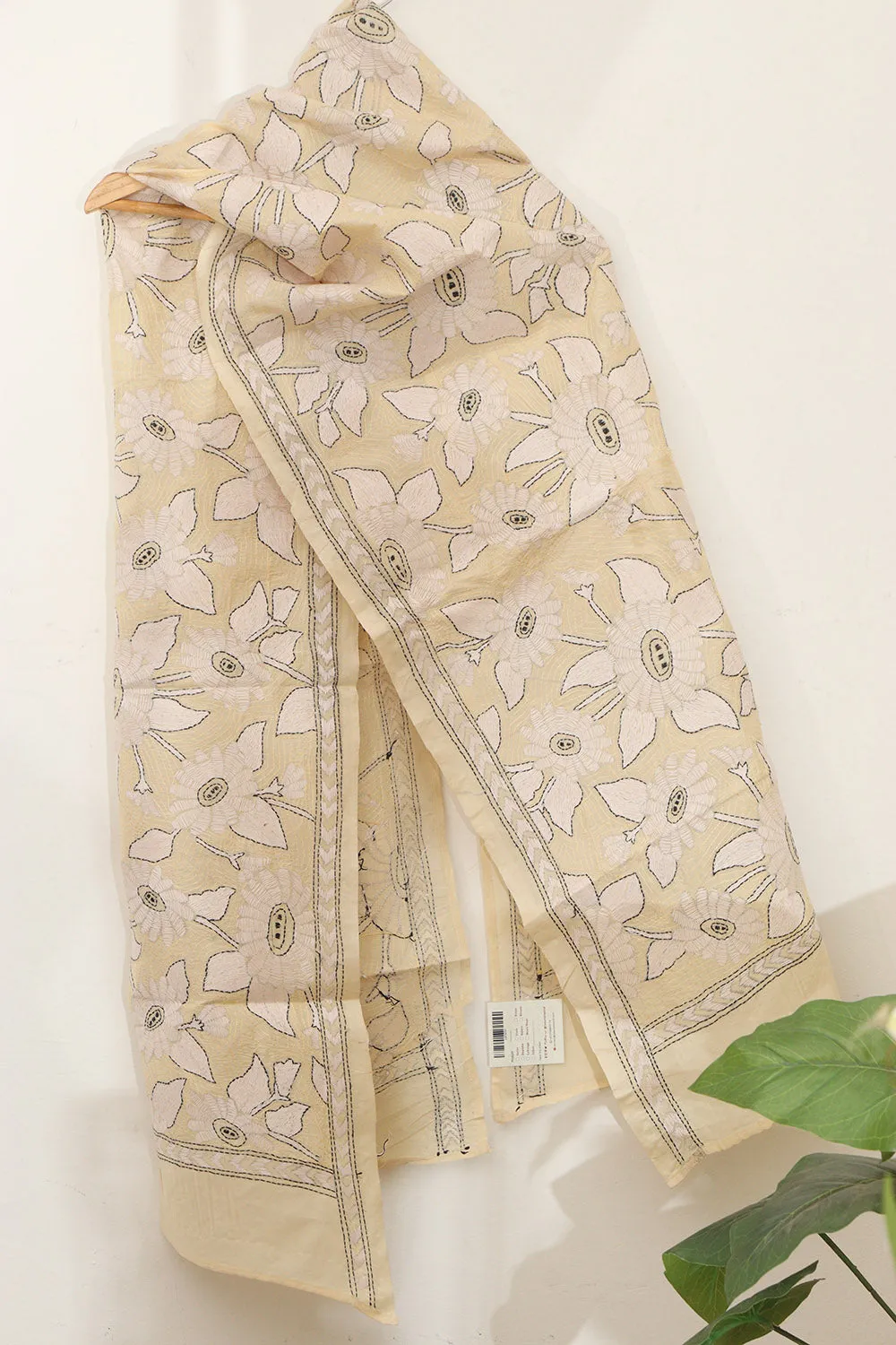 Pastel Kantha Tussar Silk Stole with Hand Embroidery