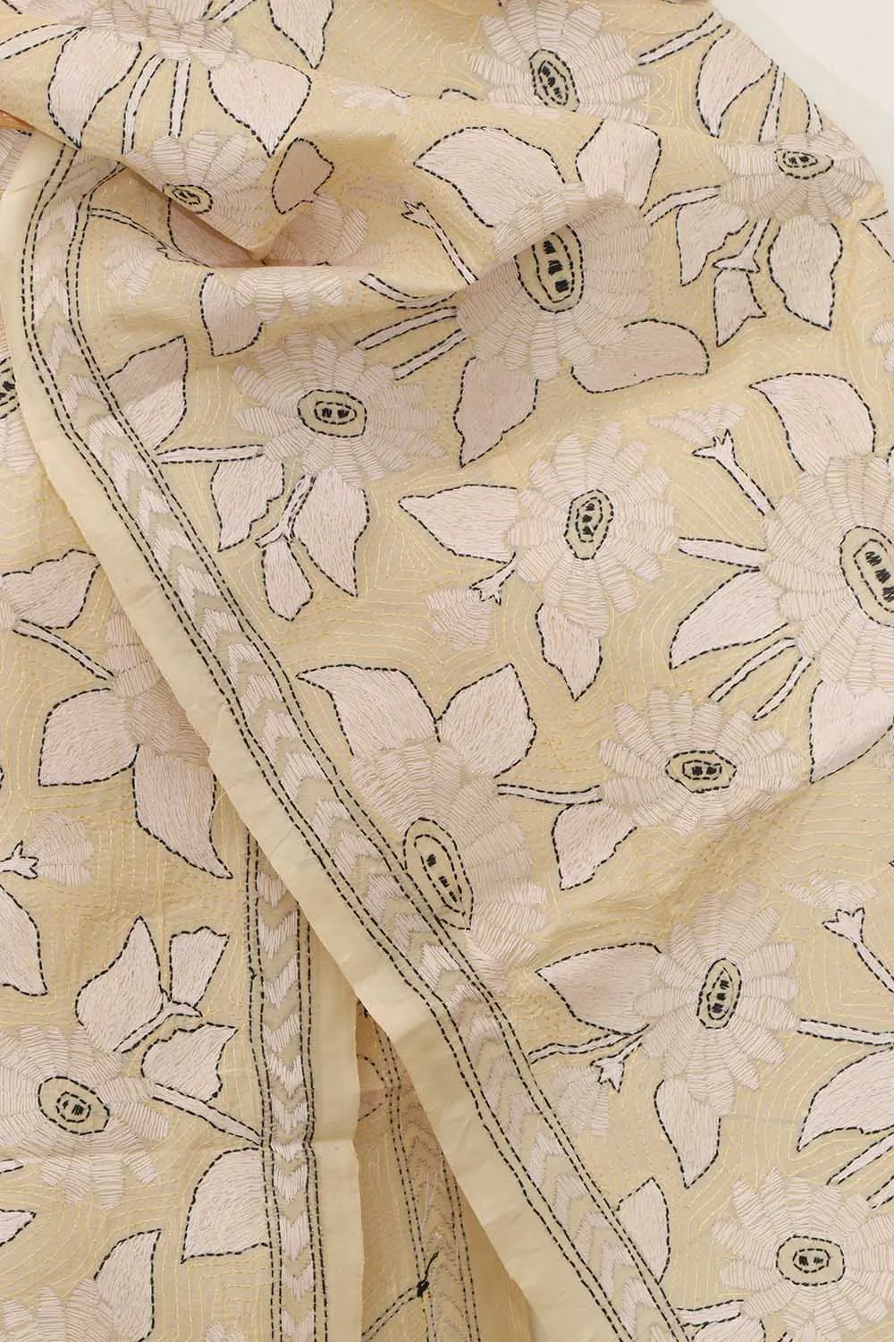 Pastel Kantha Tussar Silk Stole with Hand Embroidery