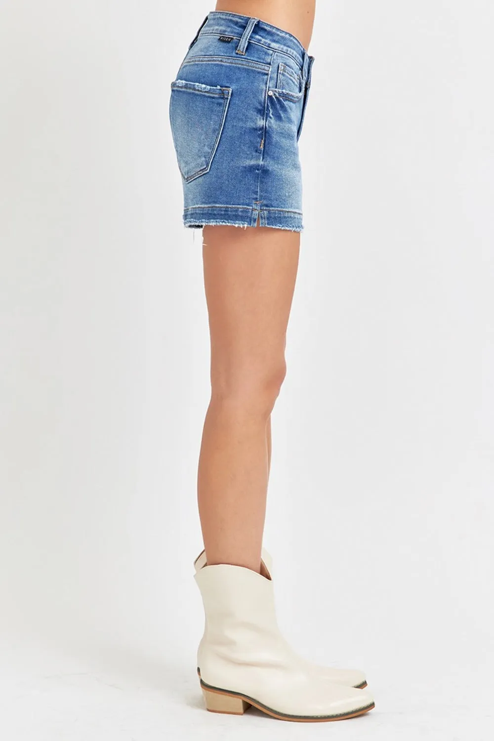 RISEN Low Rise Raw Hem Side Slit Denim Shorts