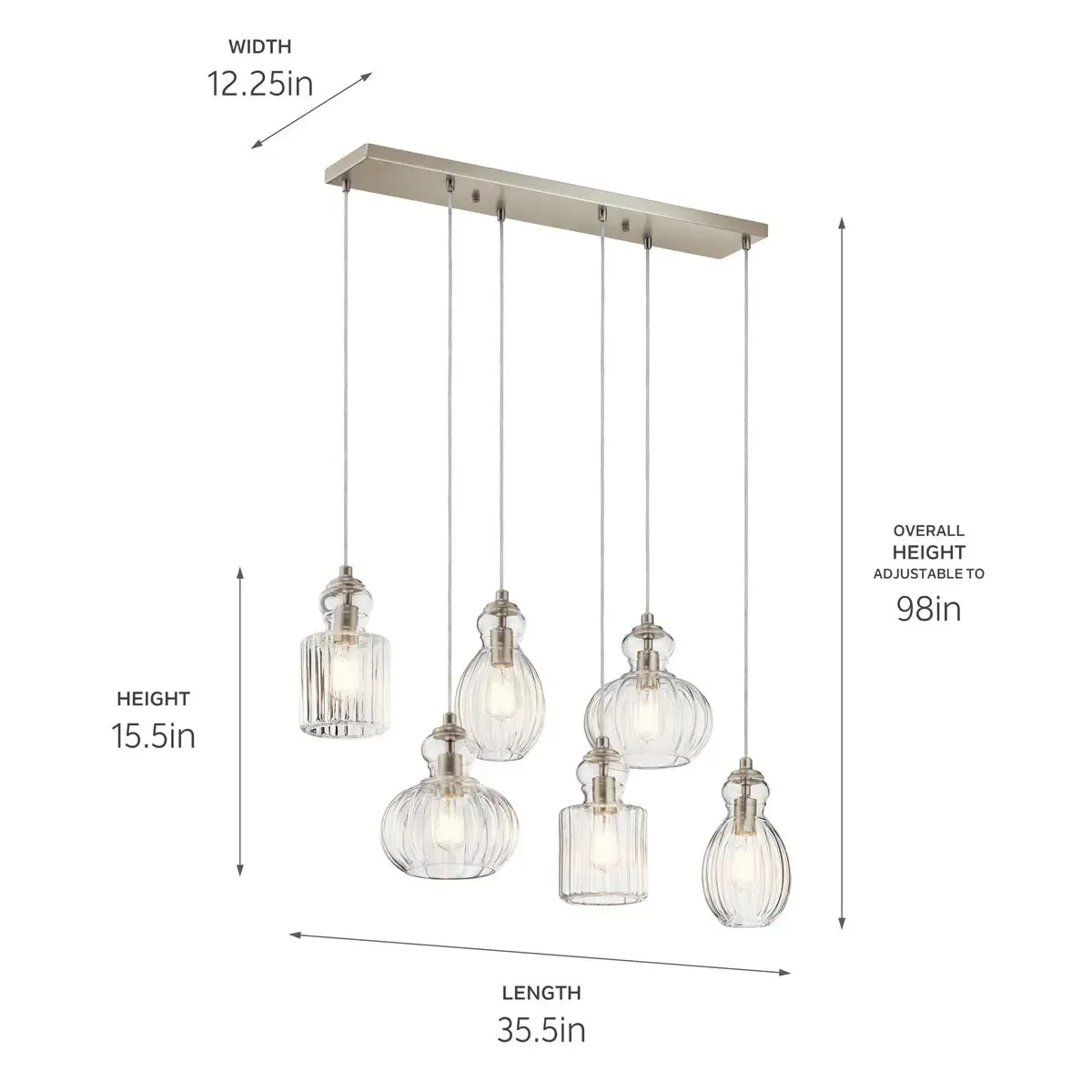 Riviera 36" 6-Light Linear Chandelier with Clear Ribbed Glass, Brushed Nickel Finish