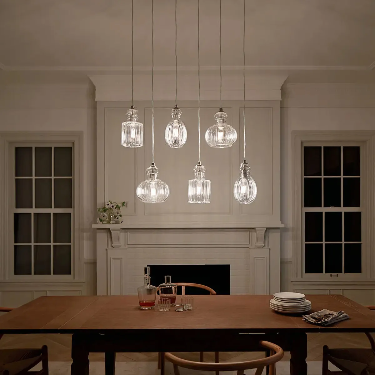 Riviera 36" 6-Light Linear Chandelier with Clear Ribbed Glass, Brushed Nickel Finish