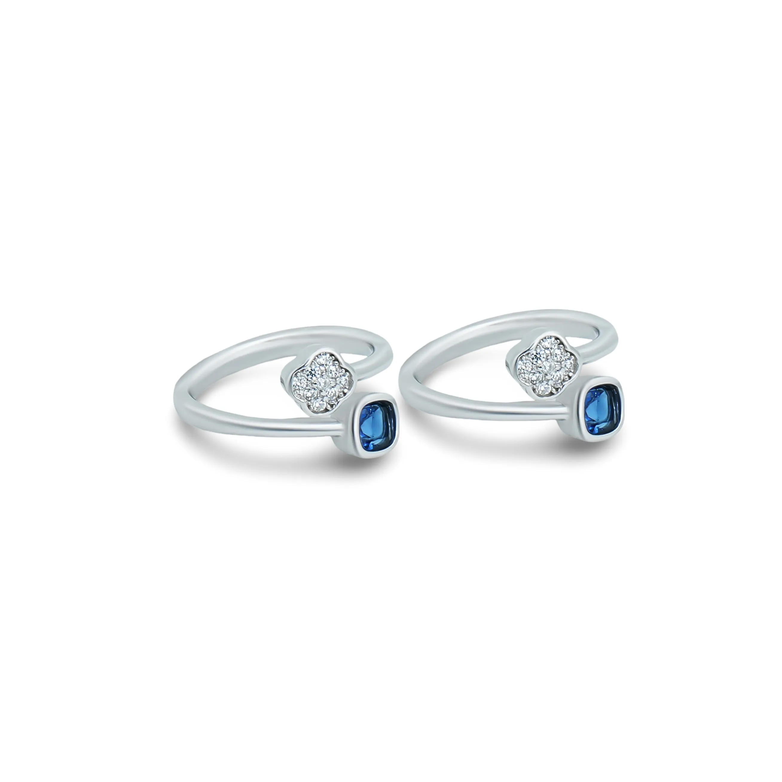 Square Blue Gemstone Silver Toe Ring with Flower Design