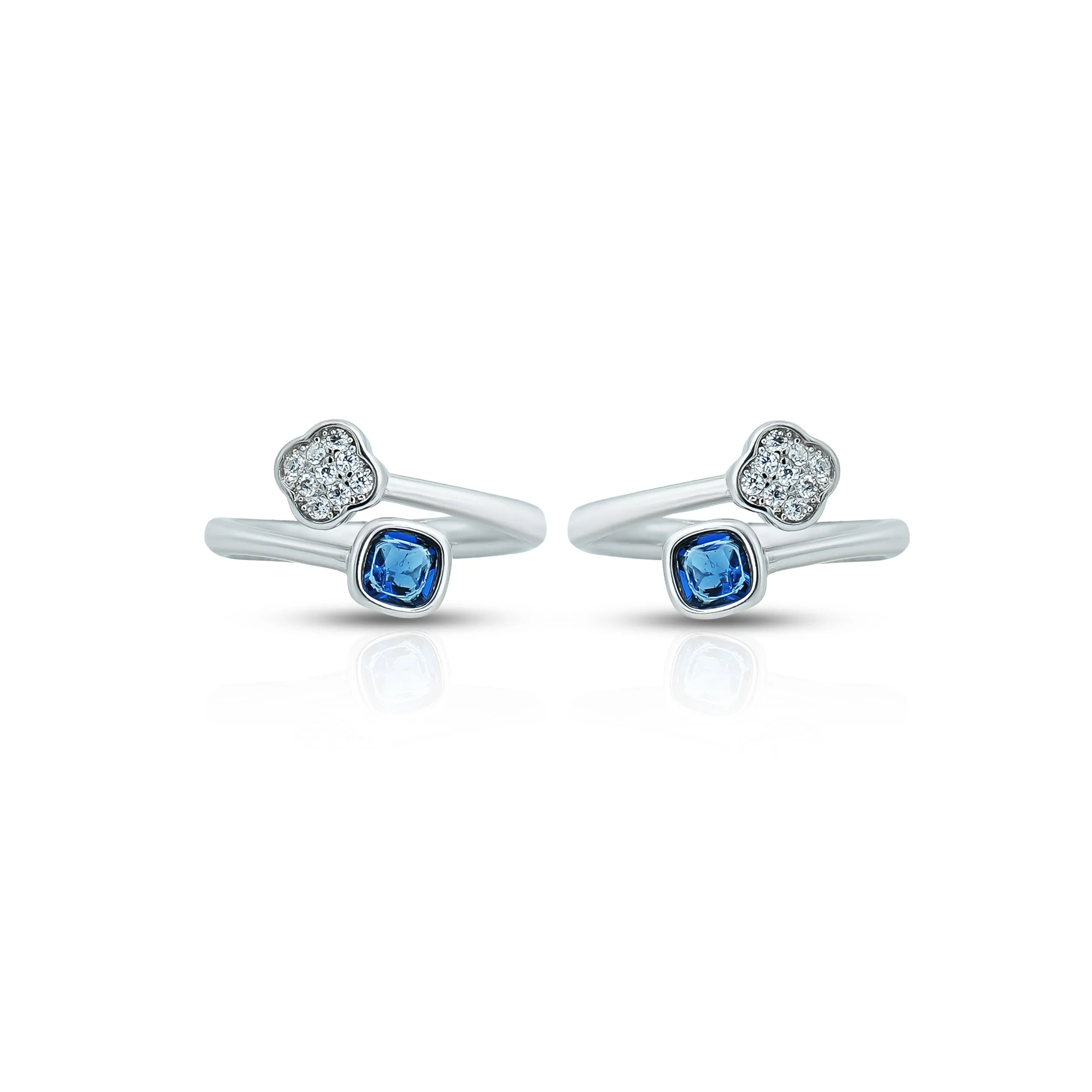 Square Blue Gemstone Silver Toe Ring with Flower Design