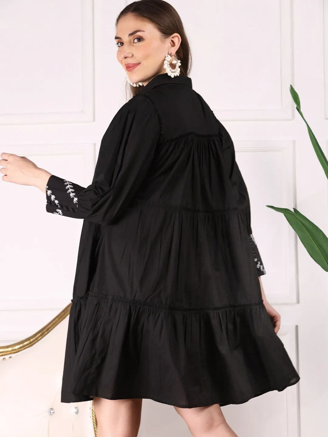 Summery Black Cotton Floral Embroidered Tiered Dress