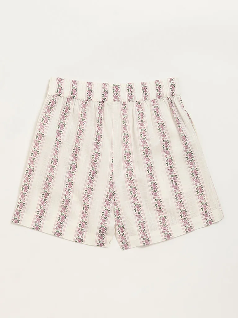Utsa Kids Off-White Ditsy Floral Cotton Shorts - (8 -14yrs)