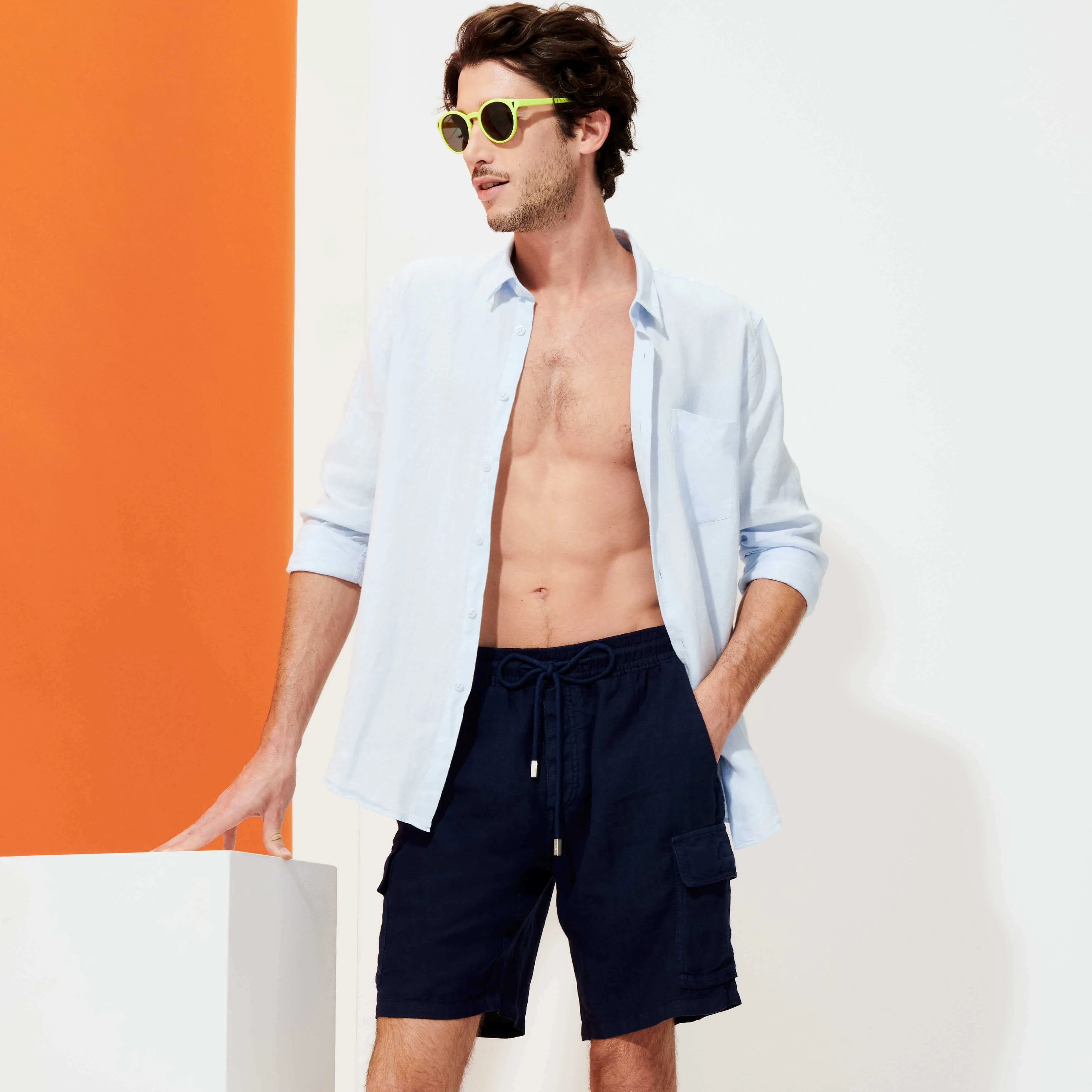Vilbrequin Men Linen Bermuda Shorts Cargo Pockets Navy