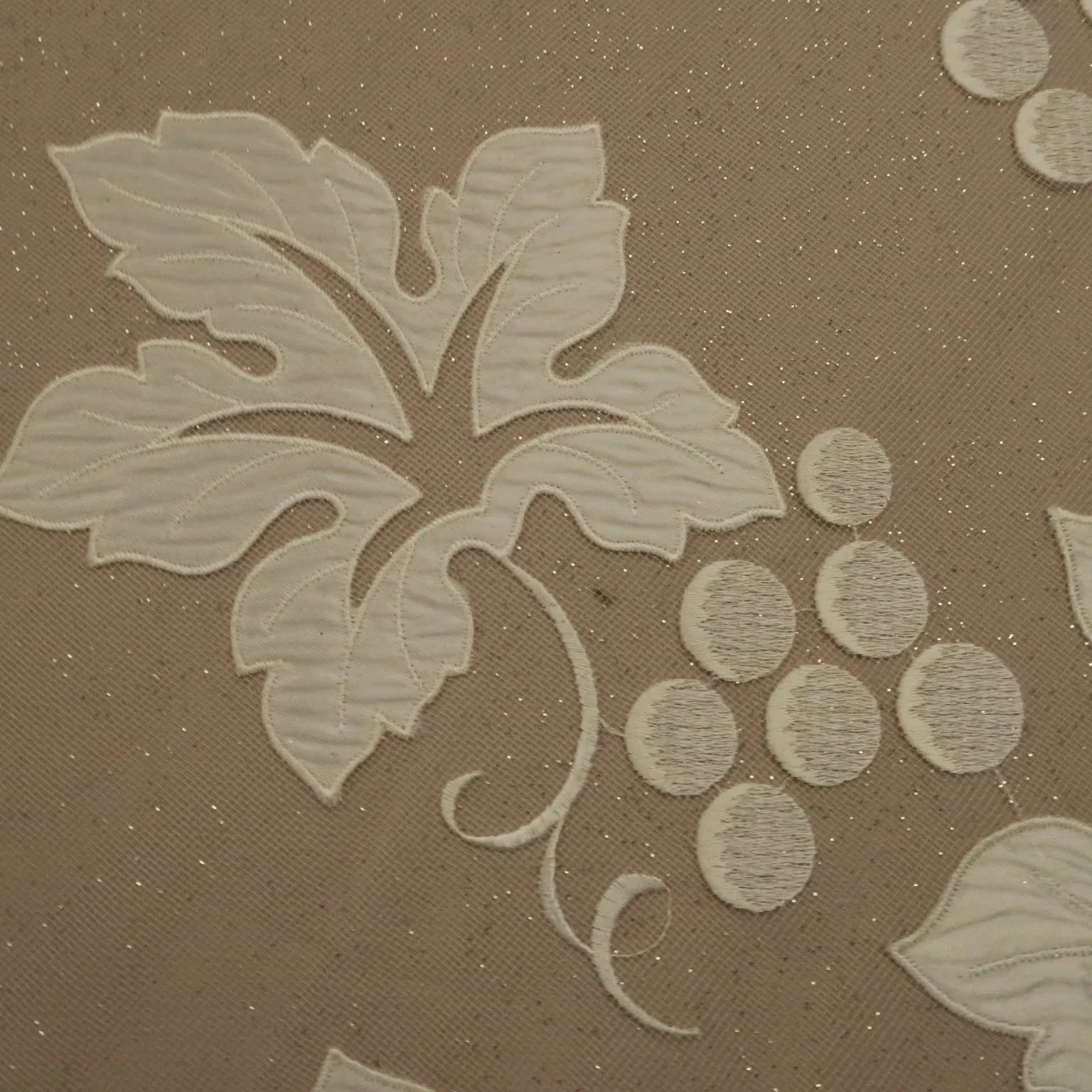 White  Sparkle Tulle with Grapes and leaves  Design Embroidered Fabric